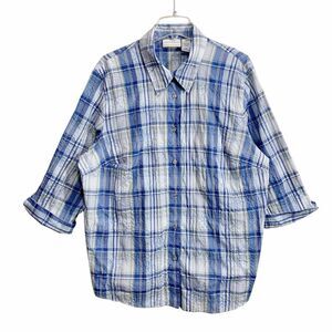 Alfred Dunner Blouse Women Size 20W Blue Plaid Button-Up Embroidered 3/4 Sleeve